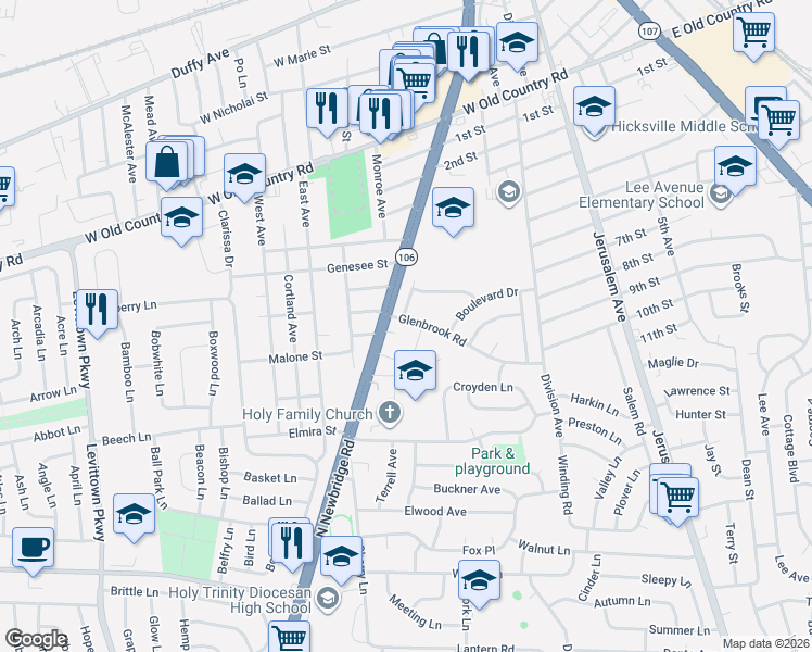 map of restaurants, bars, coffee shops, grocery stores, and more near 9 Bernadette Court in Hicksville