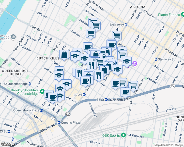 map of restaurants, bars, coffee shops, grocery stores, and more near 37-11 30th Street in Queens