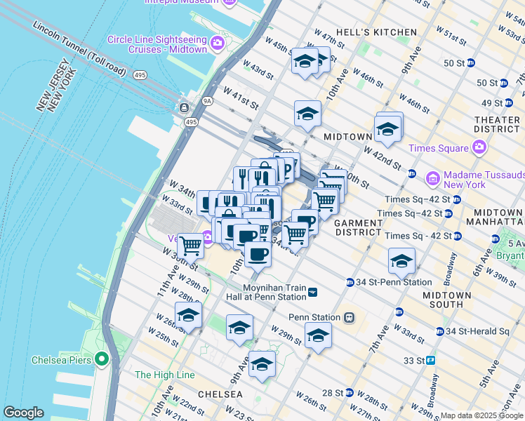 map of restaurants, bars, coffee shops, grocery stores, and more near 505 West 35th Street in New York