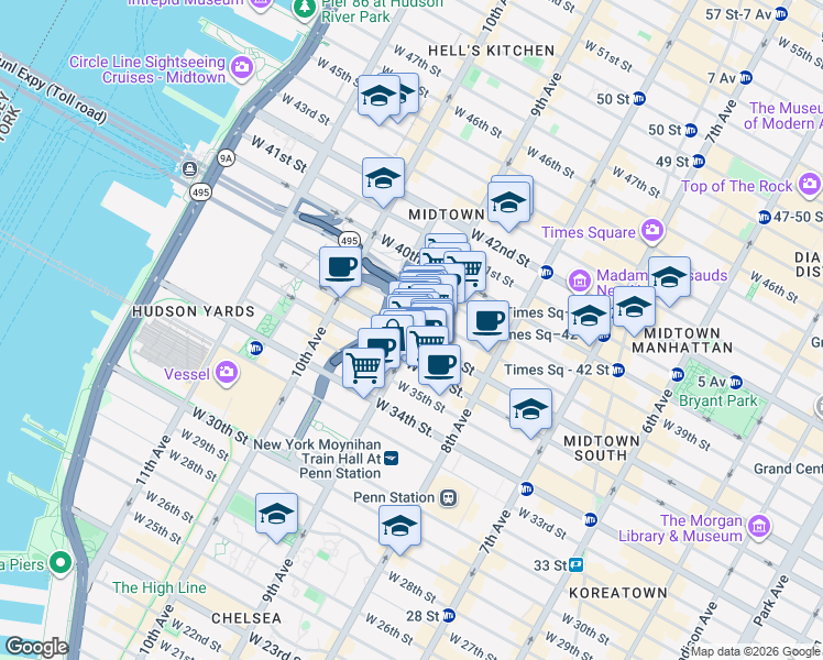 map of restaurants, bars, coffee shops, grocery stores, and more near 485 9th Avenue in New York