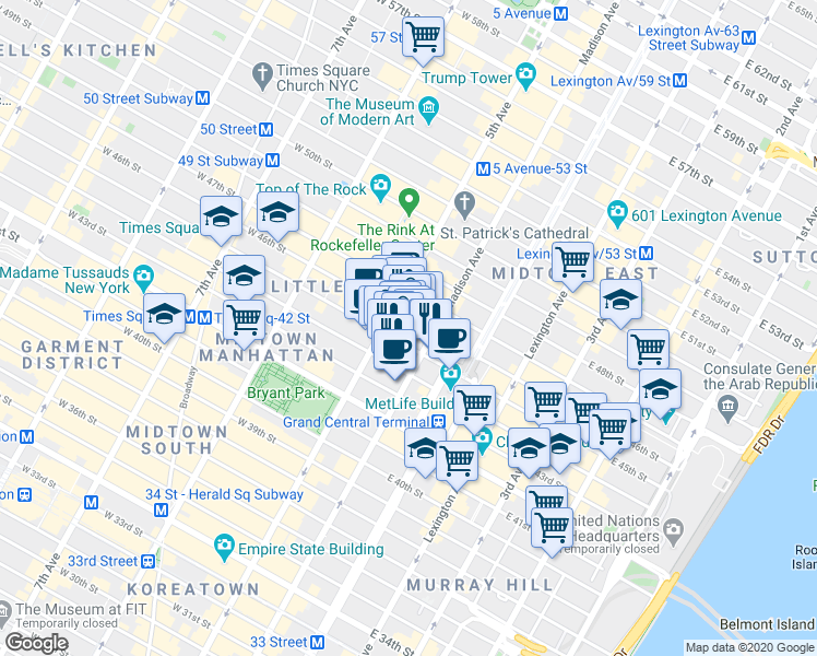 map of restaurants, bars, coffee shops, grocery stores, and more near in New York
