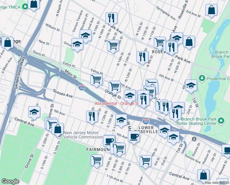 map of restaurants, bars, coffee shops, grocery stores, and more near 594 Orange Street in Newark