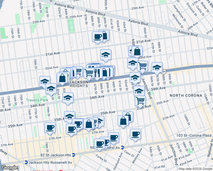 map of restaurants, bars, coffee shops, grocery stores, and more near 33-41 88th Street in Queens