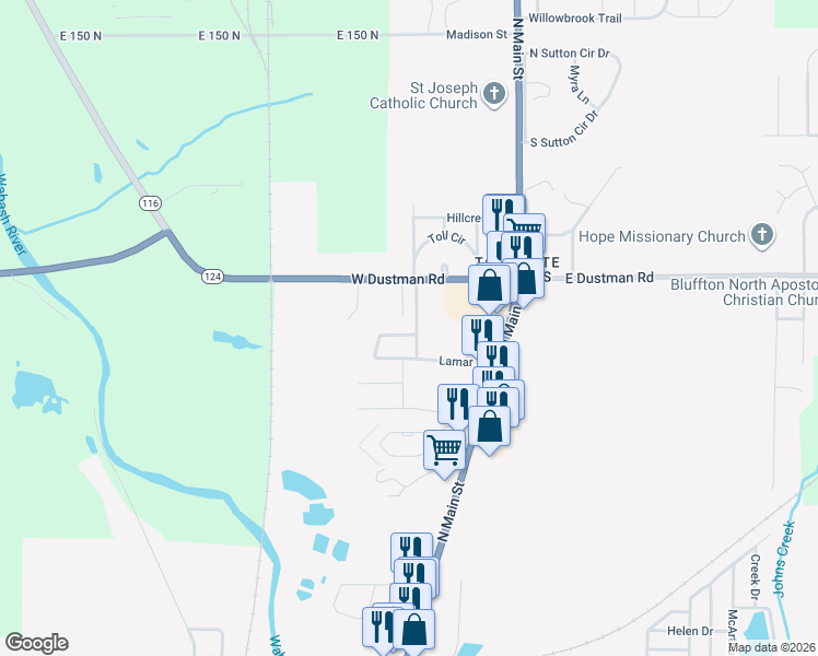 map of restaurants, bars, coffee shops, grocery stores, and more near 404 Linnwood Drive in Bluffton