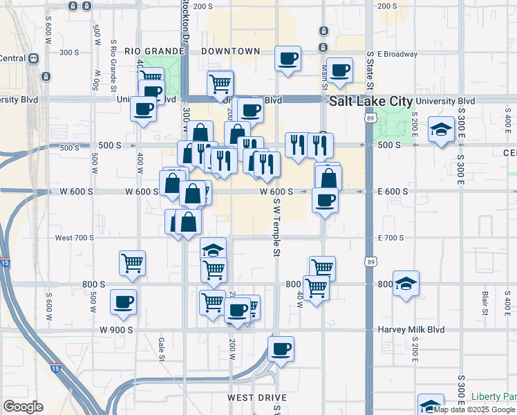 map of restaurants, bars, coffee shops, grocery stores, and more near 640 South West Temple Street in Salt Lake City