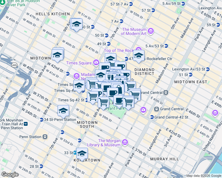 map of restaurants, bars, coffee shops, grocery stores, and more near 1120 6th Ave in New York