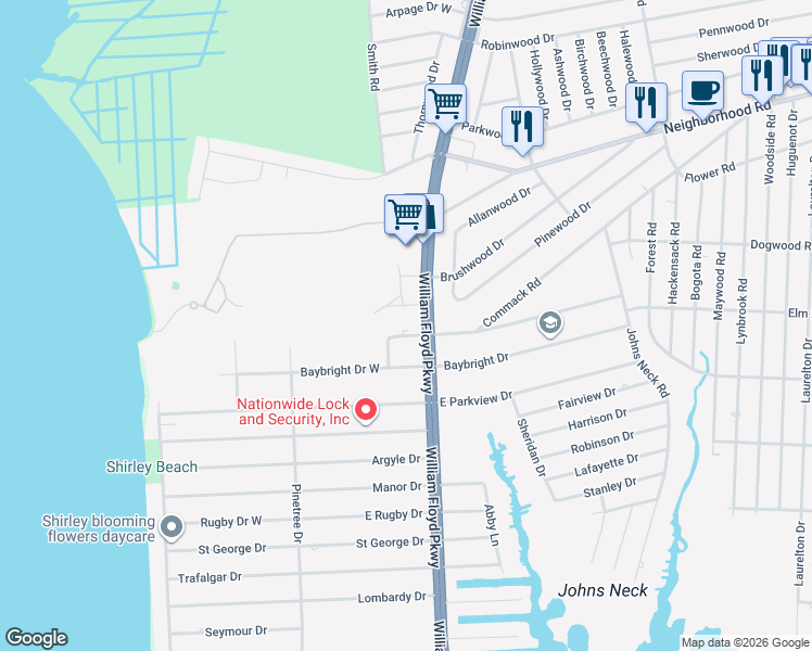 map of restaurants, bars, coffee shops, grocery stores, and more near 9 Palmetto Drive in Shirley