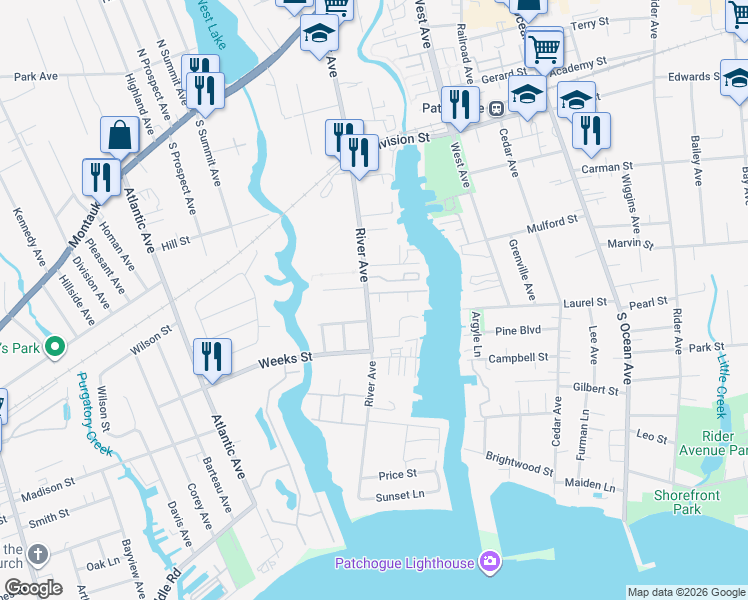 map of restaurants, bars, coffee shops, grocery stores, and more near 263 River Avenue in Patchogue