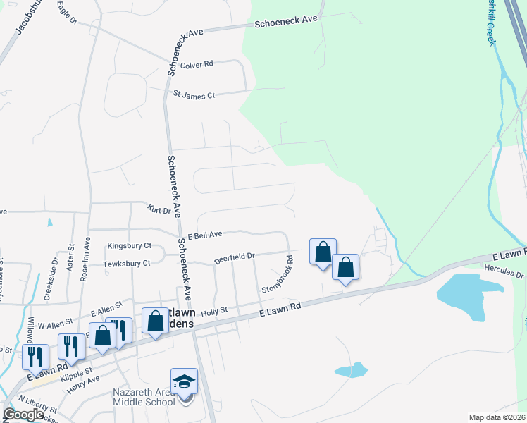 map of restaurants, bars, coffee shops, grocery stores, and more near 464 East Beil Avenue in Nazareth