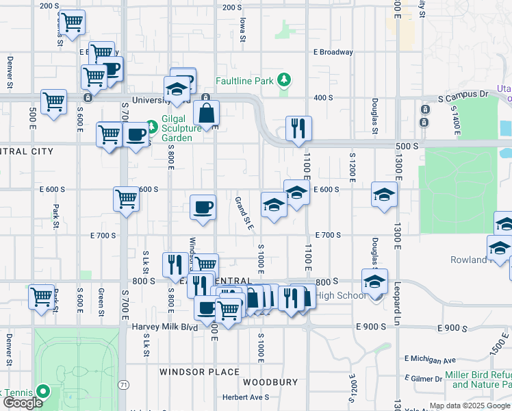 map of restaurants, bars, coffee shops, grocery stores, and more near 626 South 1000 East in Salt Lake City