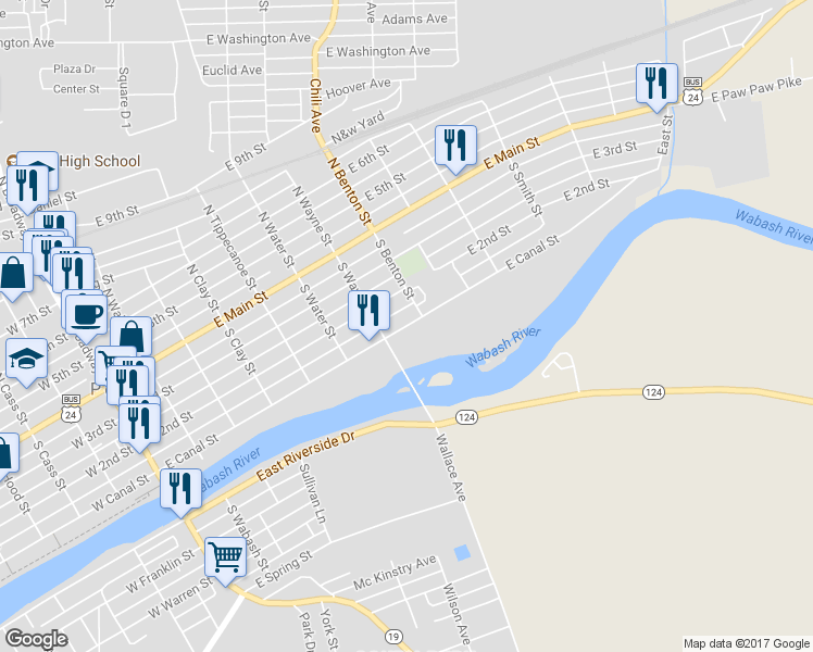 map of restaurants, bars, coffee shops, grocery stores, and more near 349 East Canal Street in Peru