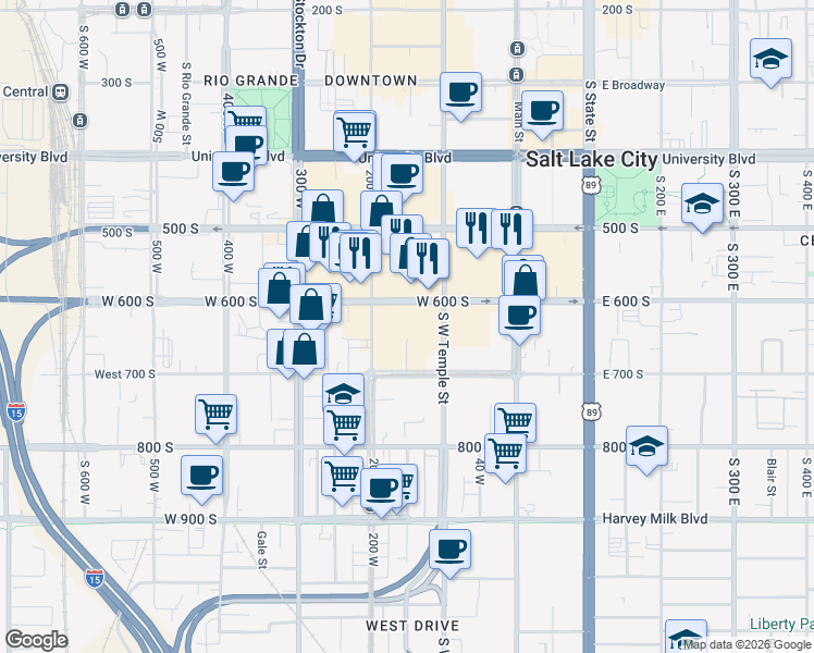 map of restaurants, bars, coffee shops, grocery stores, and more near 677 South 200 West in Salt Lake City