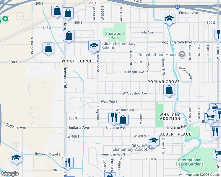 map of restaurants, bars, coffee shops, grocery stores, and more near 640 Pueblo Street West in Salt Lake City