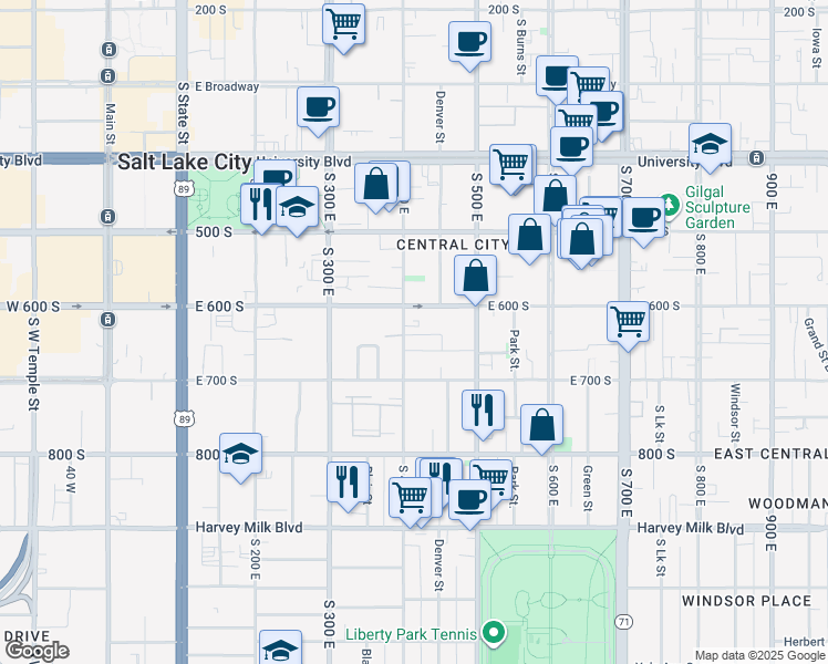 map of restaurants, bars, coffee shops, grocery stores, and more near 625 South 400 East in Salt Lake City