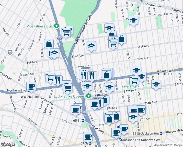 map of restaurants, bars, coffee shops, grocery stores, and more near 32-54 71st Street in Queens