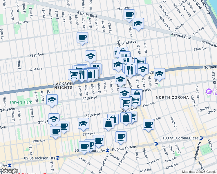 map of restaurants, bars, coffee shops, grocery stores, and more near 3347 91st Street in Queens