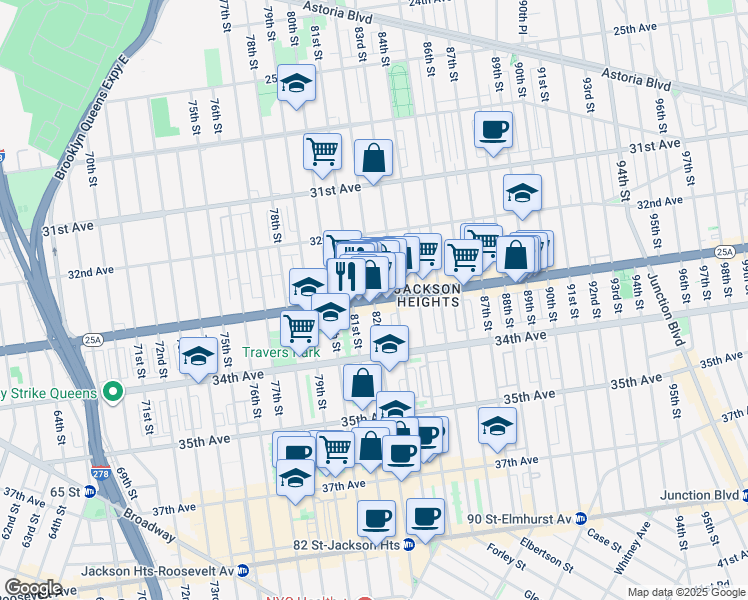map of restaurants, bars, coffee shops, grocery stores, and more near 33-16 82nd Street in Queens