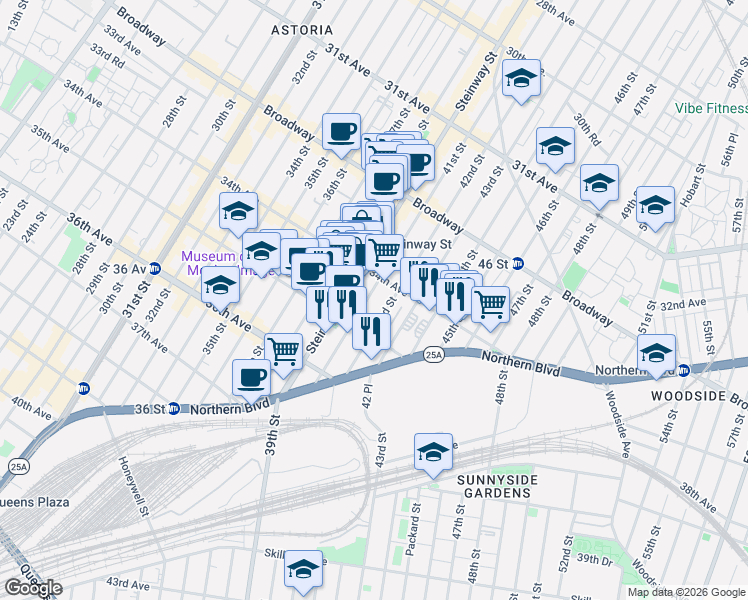 map of restaurants, bars, coffee shops, grocery stores, and more near 34-23 41st Street in Queens
