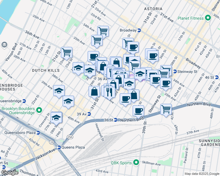 map of restaurants, bars, coffee shops, grocery stores, and more near 36-30 32nd Street in Queens