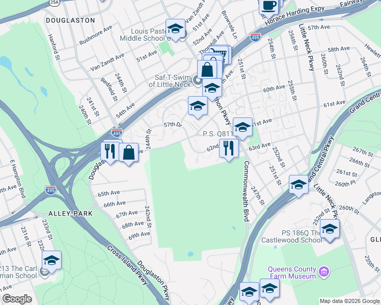 map of restaurants, bars, coffee shops, grocery stores, and more near 245-16 245th Place in Queens