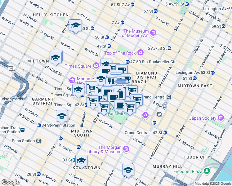map of restaurants, bars, coffee shops, grocery stores, and more near 57 West 42nd Street in New York