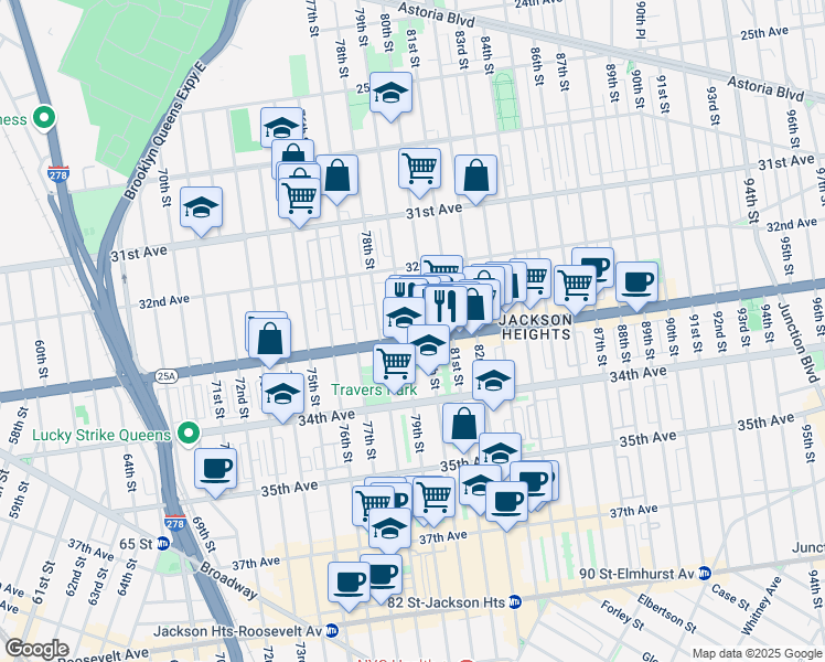 map of restaurants, bars, coffee shops, grocery stores, and more near 7802 Northern Boulevard in Queens