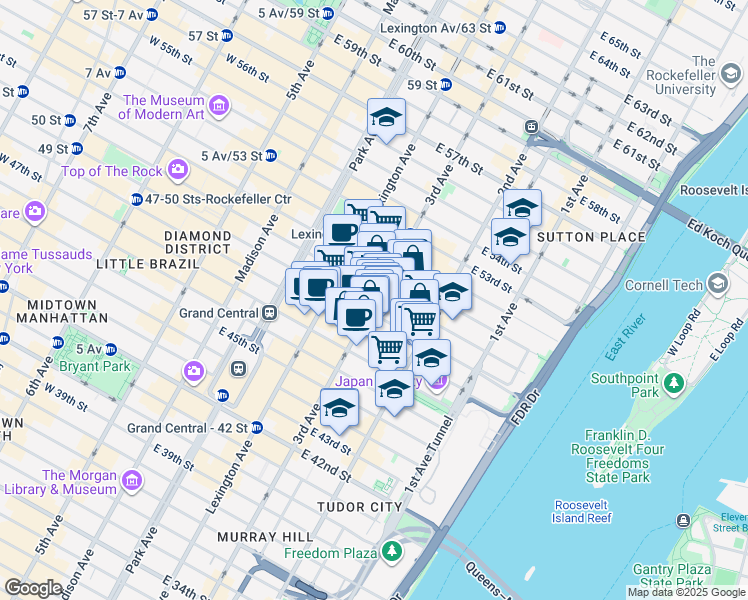 map of restaurants, bars, coffee shops, grocery stores, and more near 199 East 49th Street in New York