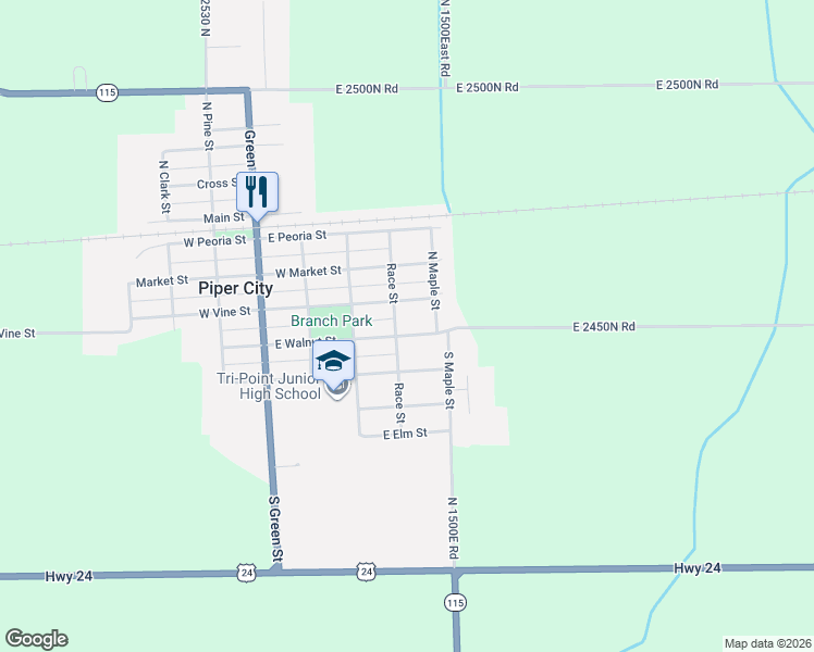 map of restaurants, bars, coffee shops, grocery stores, and more near 230 East Walnut Street in Piper City