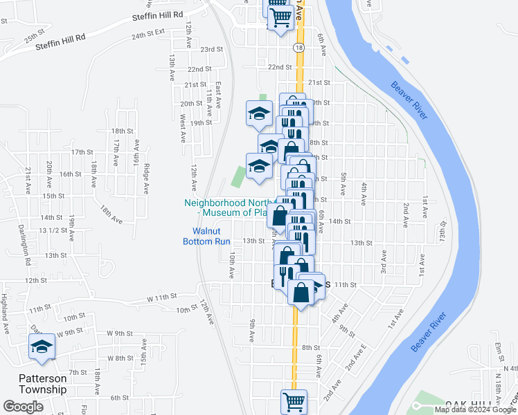map of restaurants, bars, coffee shops, grocery stores, and more near 1416 9th Avenue in Beaver Falls