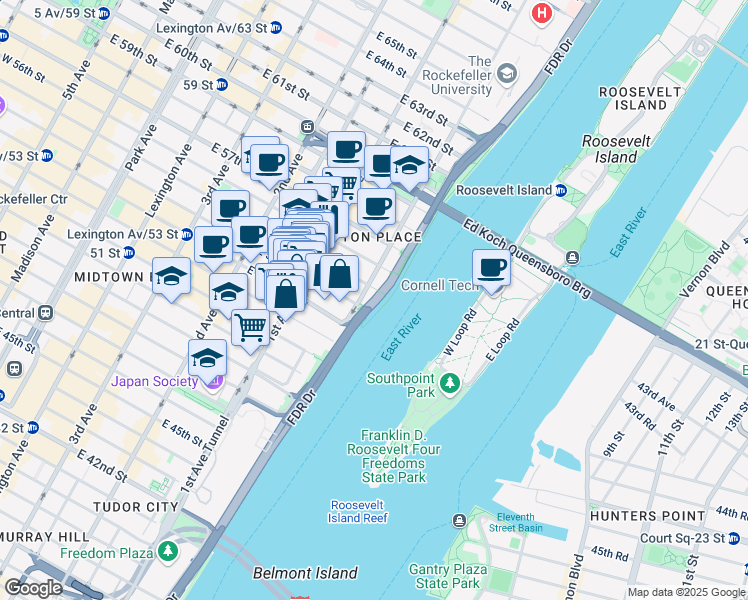 map of restaurants, bars, coffee shops, grocery stores, and more near Sutton Place South in New York