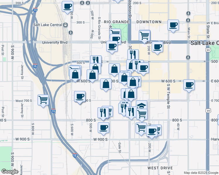 map of restaurants, bars, coffee shops, grocery stores, and more near 634 South 400 West in Salt Lake City