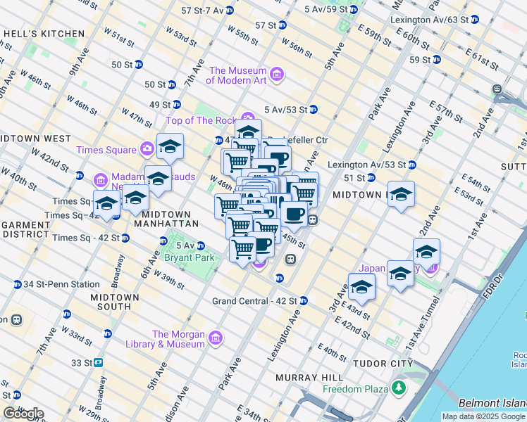 map of restaurants, bars, coffee shops, grocery stores, and more near 551 5th Avenue in New York