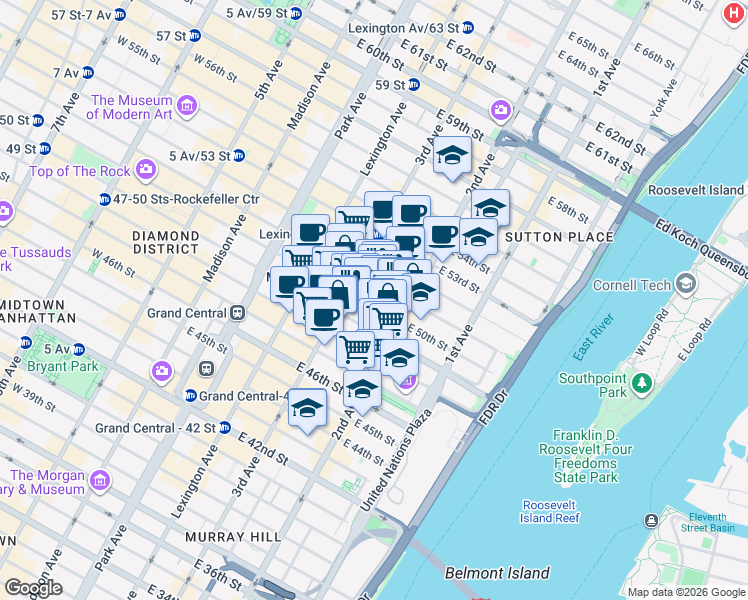 map of restaurants, bars, coffee shops, grocery stores, and more near 234 East 50th Street in New York