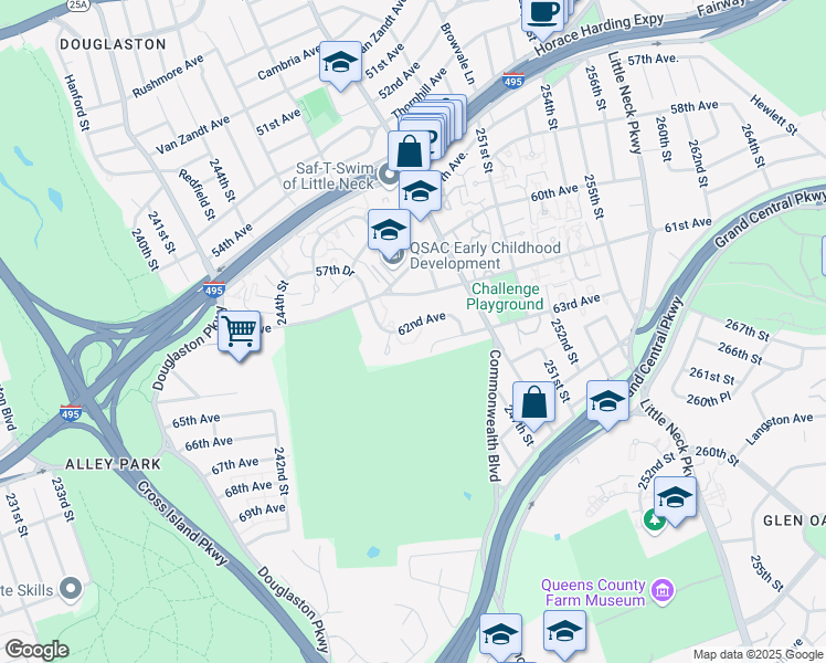 map of restaurants, bars, coffee shops, grocery stores, and more near 245-64 62nd Avenue in Queens