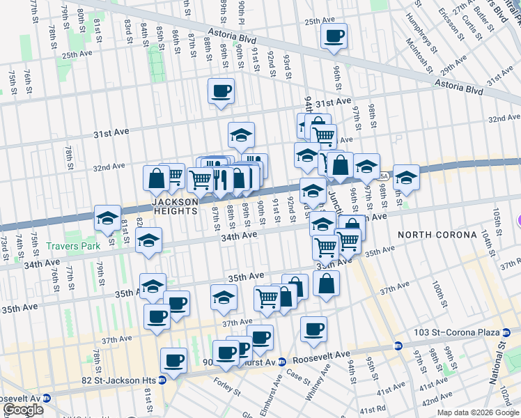 map of restaurants, bars, coffee shops, grocery stores, and more near in Queens