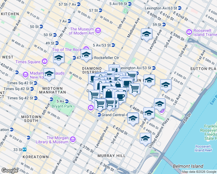 map of restaurants, bars, coffee shops, grocery stores, and more near 122 Vanderbilt Avenue in New York