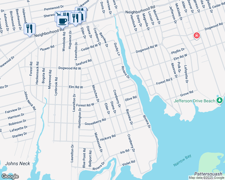 map of restaurants, bars, coffee shops, grocery stores, and more near 114 Cranberry Drive in Mastic Beach