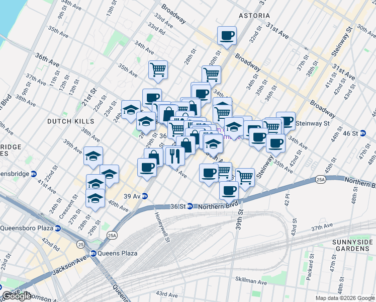 map of restaurants, bars, coffee shops, grocery stores, and more near 36-17 32nd Street in Queens