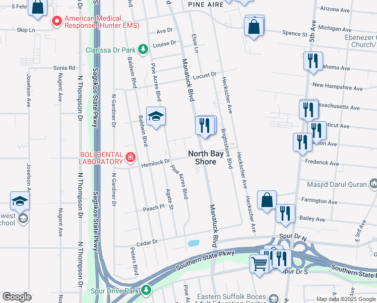 map of restaurants, bars, coffee shops, grocery stores, and more near 2 Plume Court in Bay Shore