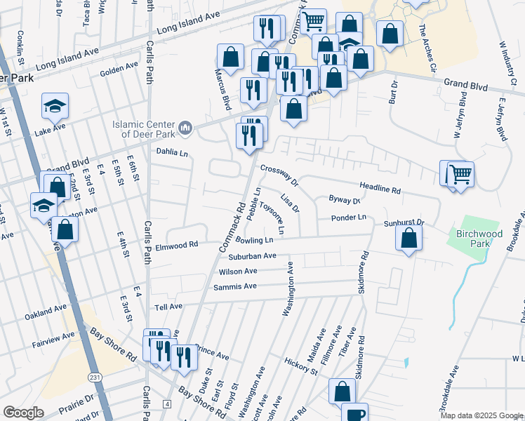 map of restaurants, bars, coffee shops, grocery stores, and more near 10 Spindle Court in Deer Park