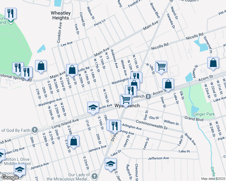 map of restaurants, bars, coffee shops, grocery stores, and more near 29 North 16th Street in Wheatley Heights