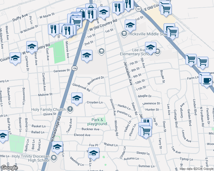 map of restaurants, bars, coffee shops, grocery stores, and more near 10 Mitchell Court in Hicksville