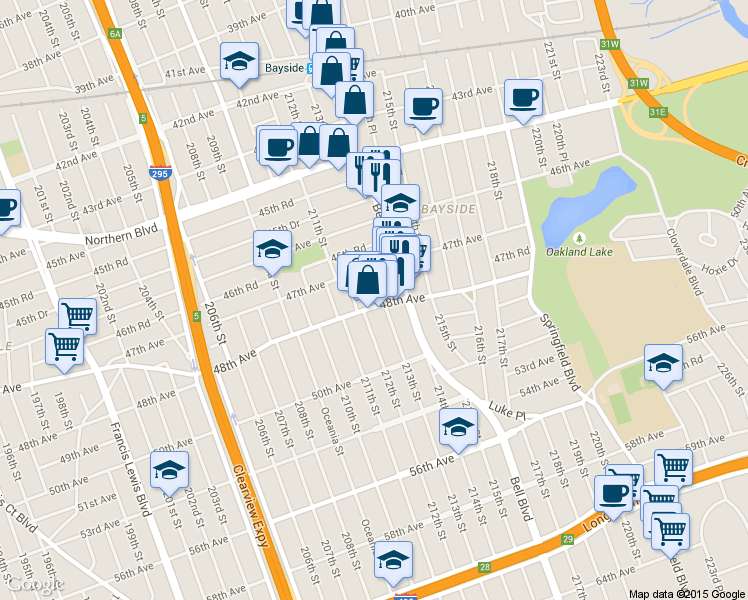 map of restaurants, bars, coffee shops, grocery stores, and more near 48-11 212th Street in Queens