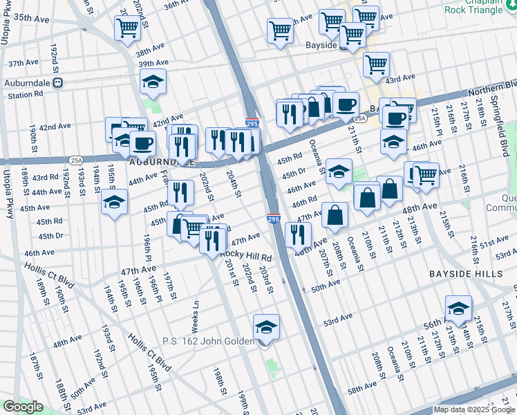 map of restaurants, bars, coffee shops, grocery stores, and more near 46-31 204th Street in Queens