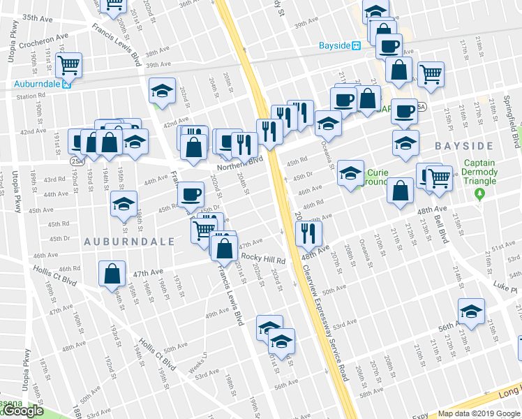 map of restaurants, bars, coffee shops, grocery stores, and more near 46-31 204th Street in Queens