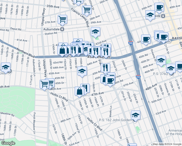 map of restaurants, bars, coffee shops, grocery stores, and more near 45-33 196th Street in Queens