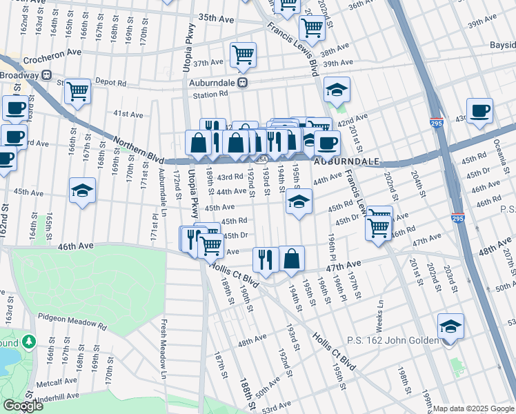 map of restaurants, bars, coffee shops, grocery stores, and more near 45-28 192nd Street in Queens