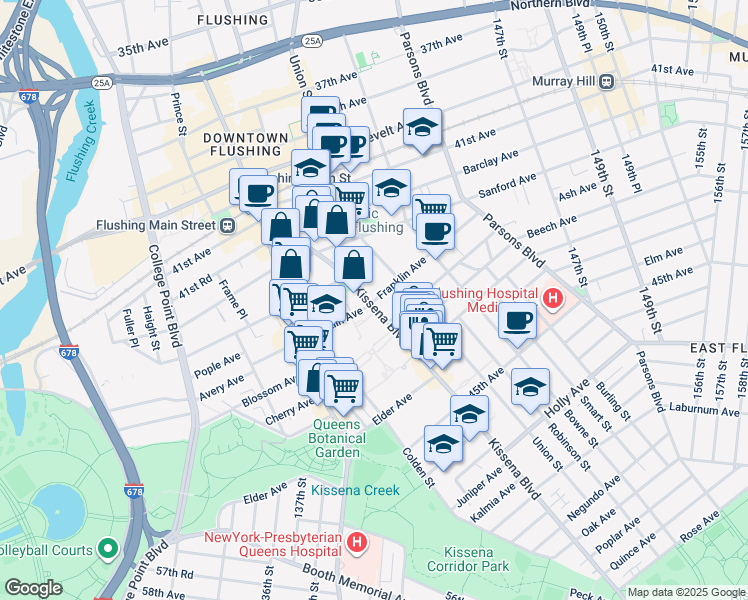 map of restaurants, bars, coffee shops, grocery stores, and more near 43-31 Kissena Boulevard in Queens