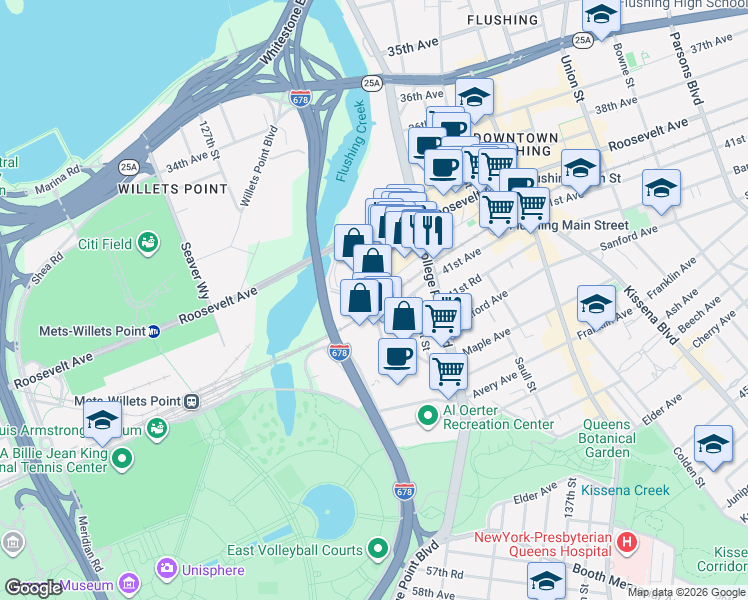 map of restaurants, bars, coffee shops, grocery stores, and more near 41-2 Delong Street in Queens