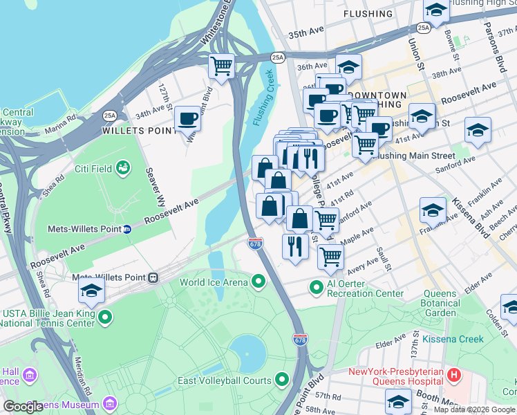 map of restaurants, bars, coffee shops, grocery stores, and more near 131-02 40th Road in Queens